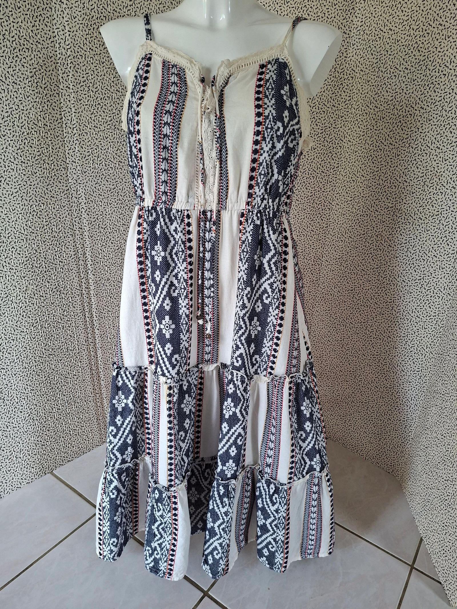 Robe longue bohème Yessica C&A T44 coton écru bleu bretelles réglables doublée été